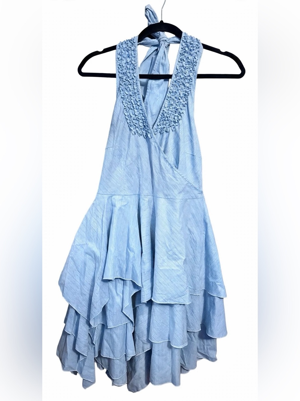 C. Luce- Light Blue Asymmetrical Ruffle Halter Dress- L